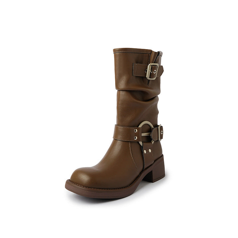 Western Belt Buckle Pile Style Boots Female Tall Knight Boots