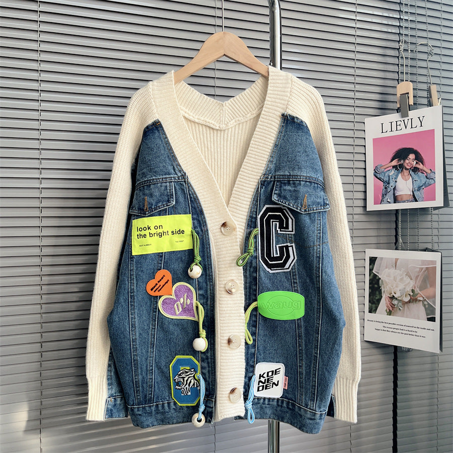 Denim Stitching Sweater Cardigan Loose Knitted Coat