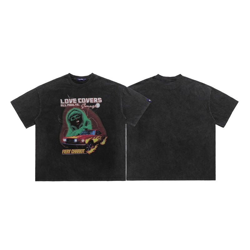Washed And Worn Loose Retro Street Printing Short-sleeved T-shirt