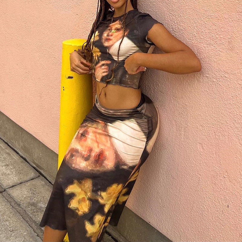 Women's Round-neck Top And Midi Skirt Two-piece Set