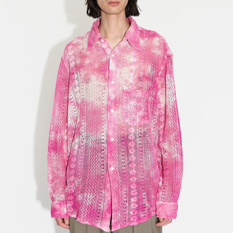 Men's Fashion Casual Draping Hollow Lace Shirt Top