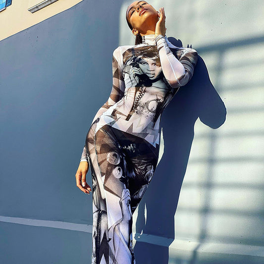 Robe slim en maille imprimée à manches longues et col montant pour femme