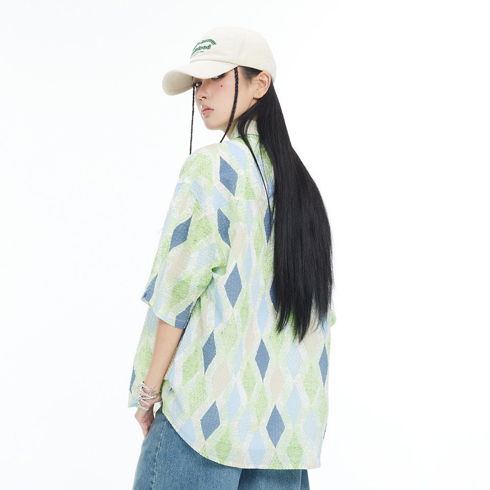 Camicia a quadri a maniche corte con motivo a rombi larghi