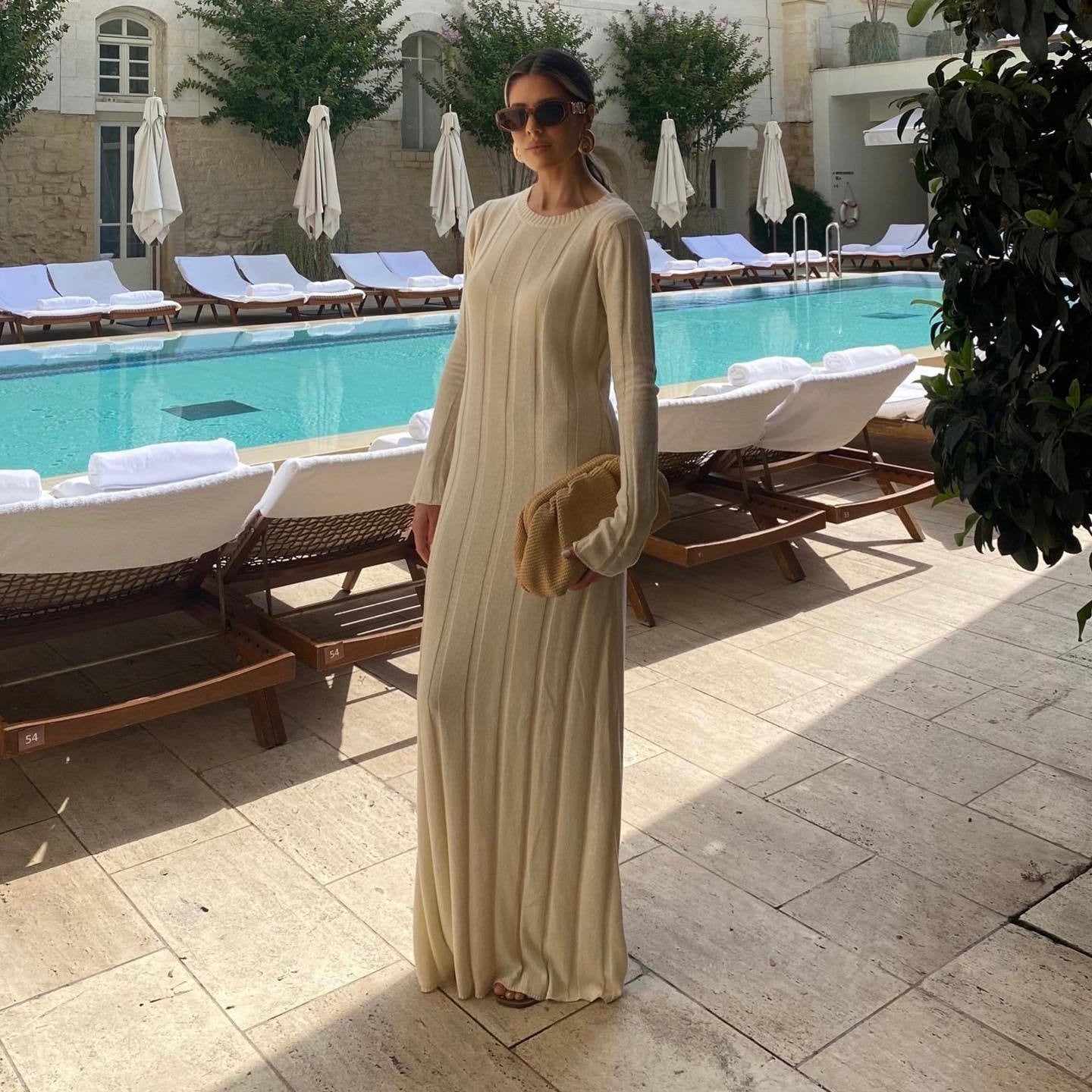 Round-neck Long Knitted Dress Solid Color Women