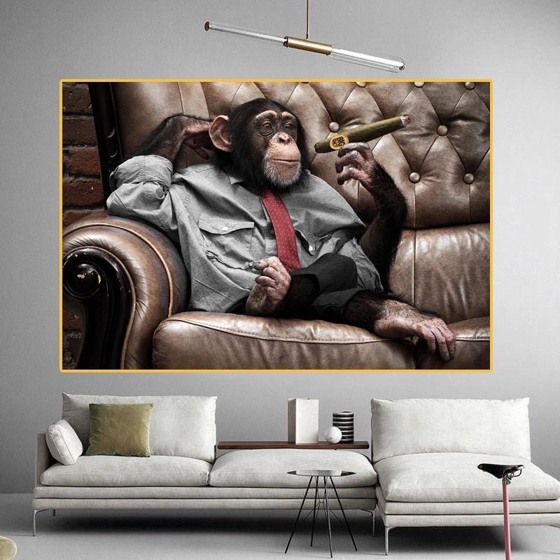 There Is A Canvas Wall Painting Of A Gorilla Monkey On The Sofa