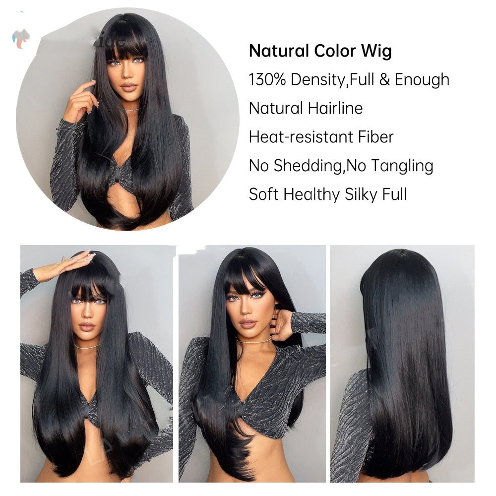 Black Long Straight Wig Female Black Straight Bangs Long Straight Hair Chemical Fiber