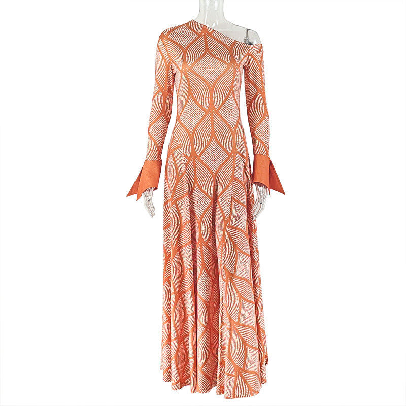 Commuting A-line Skirt One-shoulder Collar Long Sleeve Dress