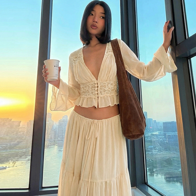 Womens Lace Chiffon Cardigan Top And Loose Long Skirt Set