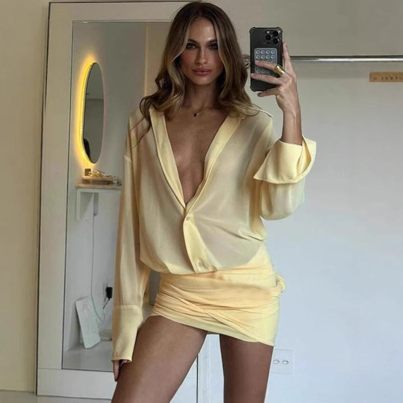 Spring New Elegant Sexy Lapel Slim-fit Sheath Lace-up Shirt Dress