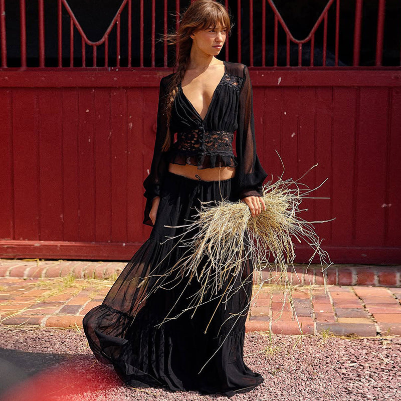 Womens Lace Chiffon Cardigan Top And Loose Long Skirt Set