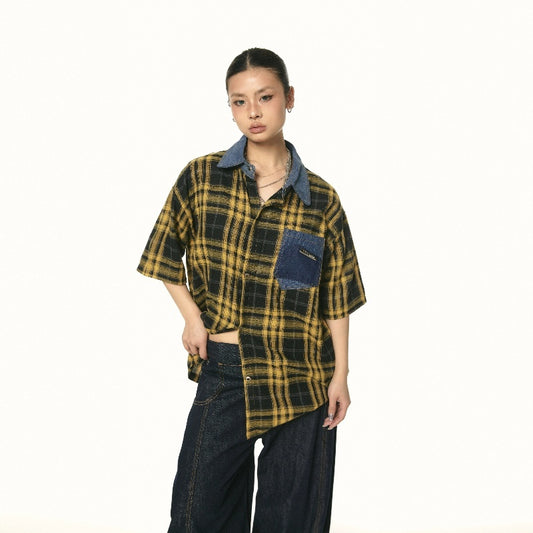Plaid Color Contrast Patchwork Niche Short-sleeved Shirt Summer Retro