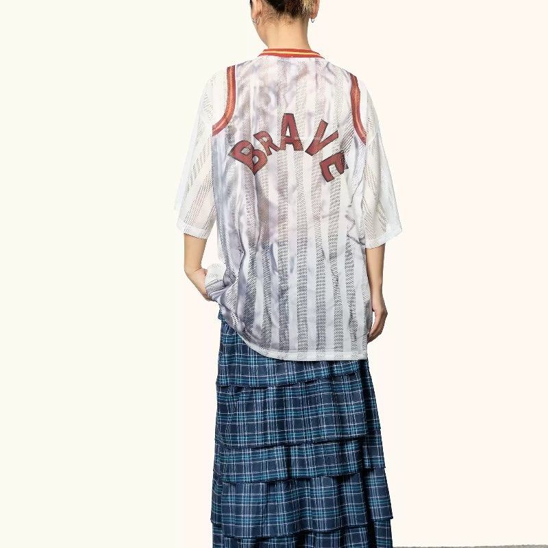 Color Contrast Patchwork Striped Hollow Print Small V-neck Short Sleeve