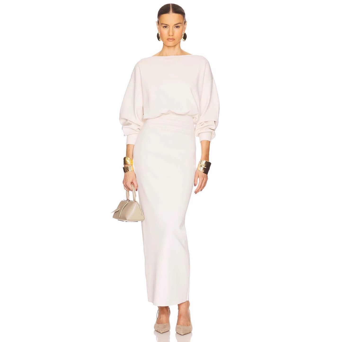 Robe mi-longue à col rond et manches lanternes, couleur unie, amincissante, couvrant les bras