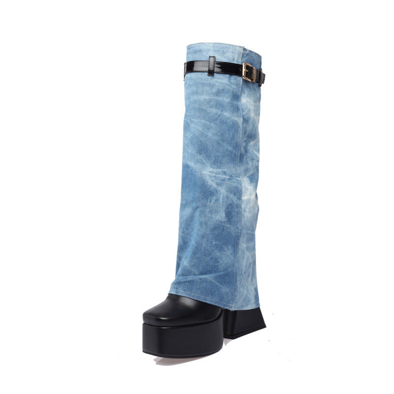 Thick-soled High-heeled Denim Fashion High Boots