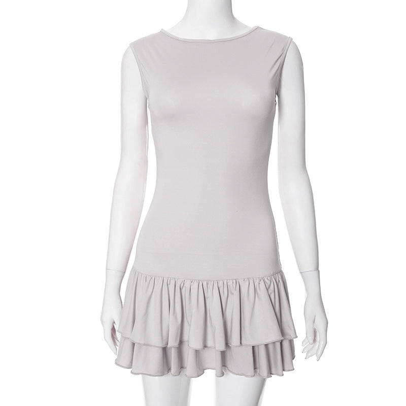 Robe courte sexy en dentelle à col rond et sans manches pour femme, couleur contrastée