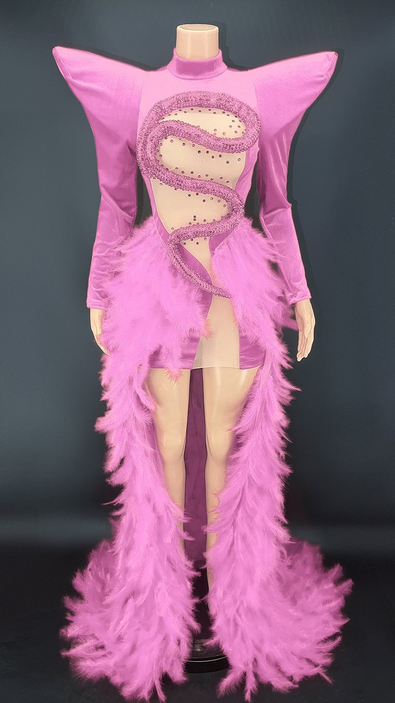 Robe de soirée en plumes et strass