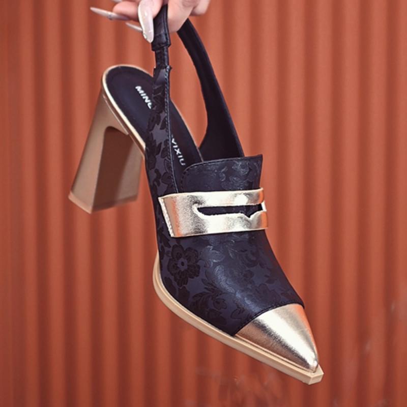 Sandales à talons hauts imprimés, talons épais, bout pointu, coupe haute, brides assorties