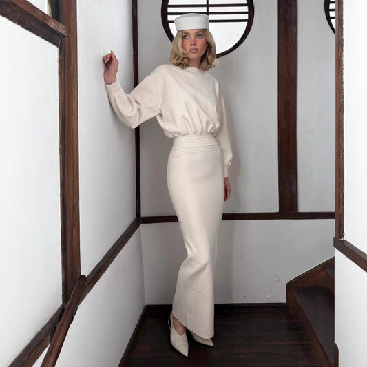 French Round Neck Lantern Sleeve Slimming Long Sleeve Arm Covering Solid Color Dress