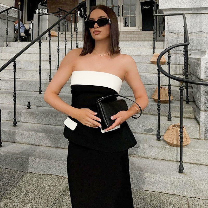 Tube Top Contrast Color Pocket Slim Off-shoulder Knitted Dress Suit