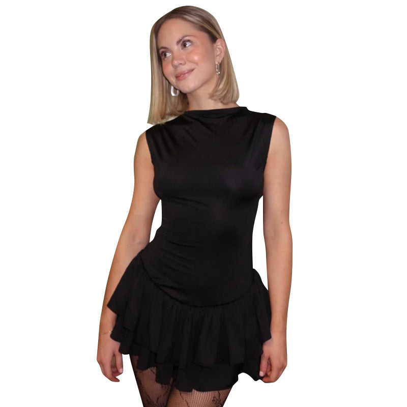 Robe courte sexy en dentelle à col rond et sans manches pour femme, couleur contrastée