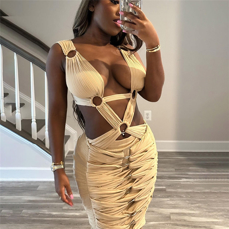 European And American Sexy Hot Girl Hollow-out Ripped Lace-up High Waist Figure Flattering Sheath Dress