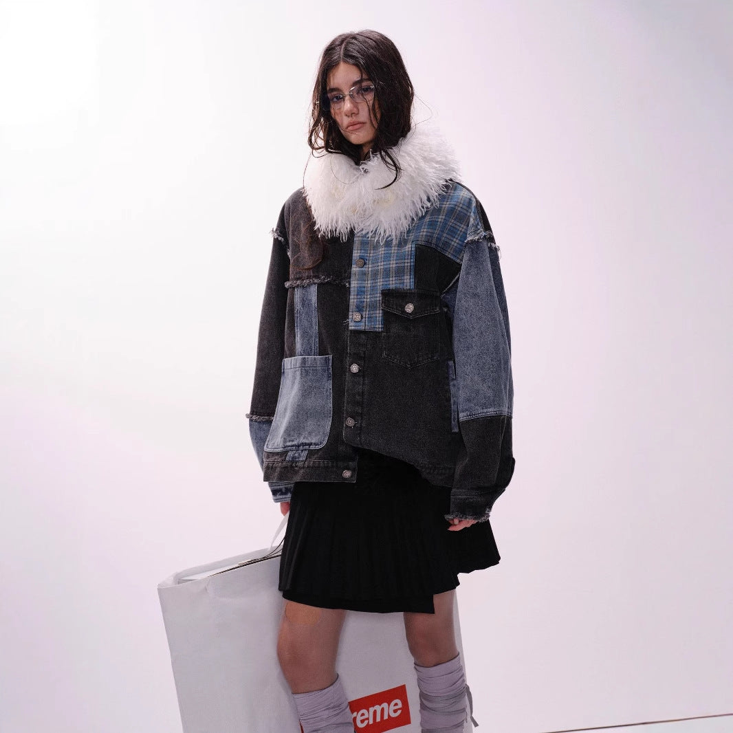 Veste en jean irrégulière à carreaux rétro