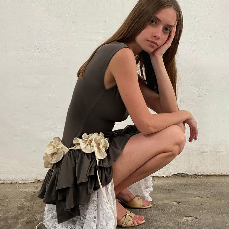 Robe courte sexy en dentelle à col rond et sans manches pour femme, couleur contrastée