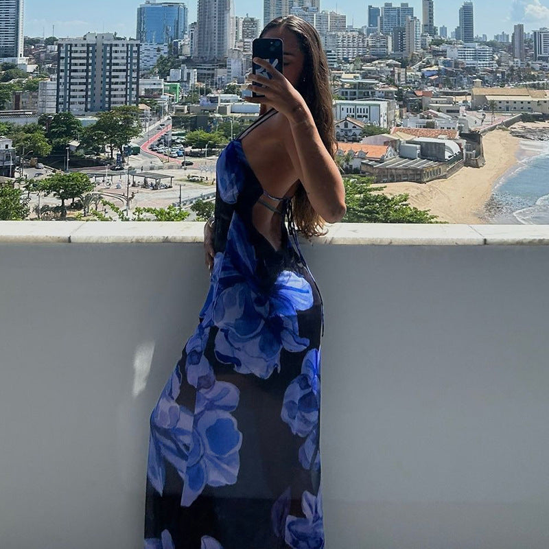 Abito lungo con stampa floreale in rete e spalline regolabili