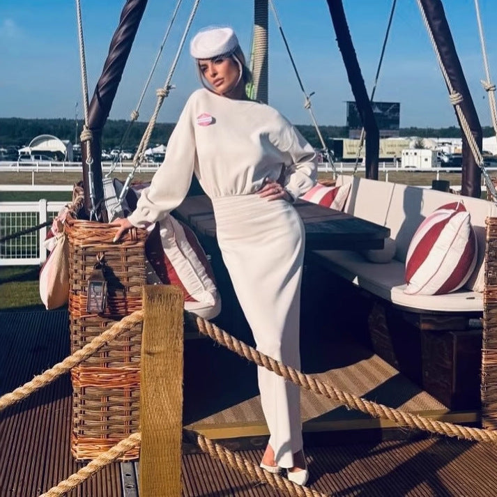 Robe mi-longue à col rond et manches lanternes, couleur unie, amincissante, couvrant les bras