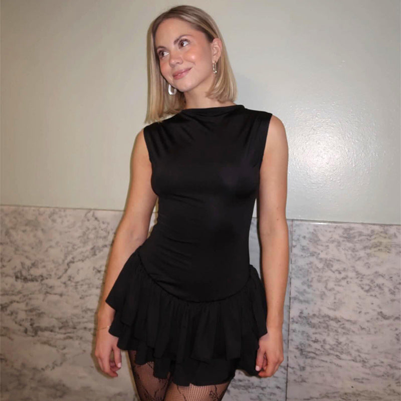 Robe courte sexy en dentelle à col rond et sans manches pour femme, couleur contrastée