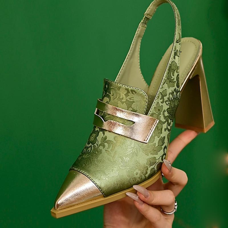 Sandales à talons hauts imprimés, talons épais, bout pointu, coupe haute, brides assorties