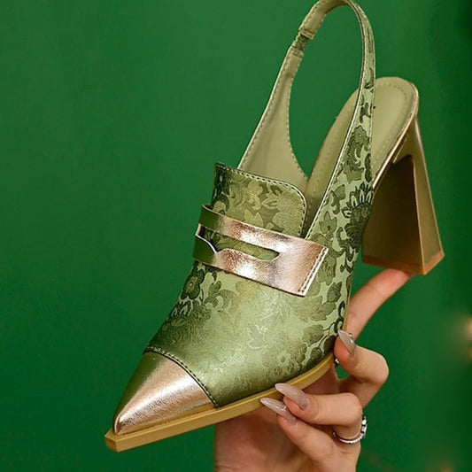 Sandales à talons hauts imprimés, talons épais, bout pointu, coupe haute, brides assorties