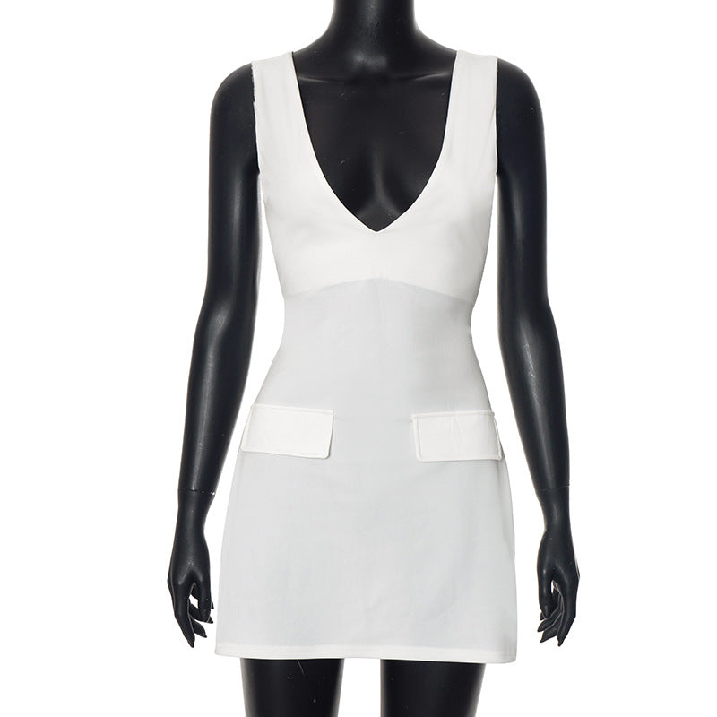Robe fourreau sans manches à dos nu et bretelles de couleur unie pour femme
