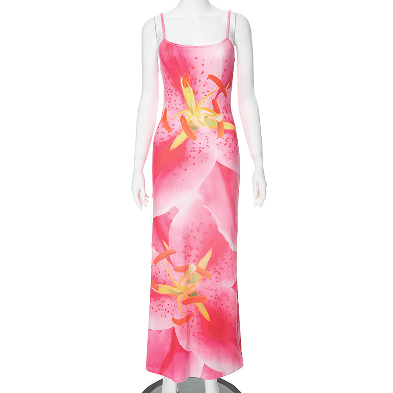 Flower Print Sleeveless Split Slim Fit Dress