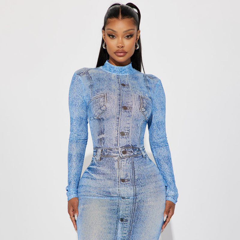 Abito stampato a maniche lunghe con vita media