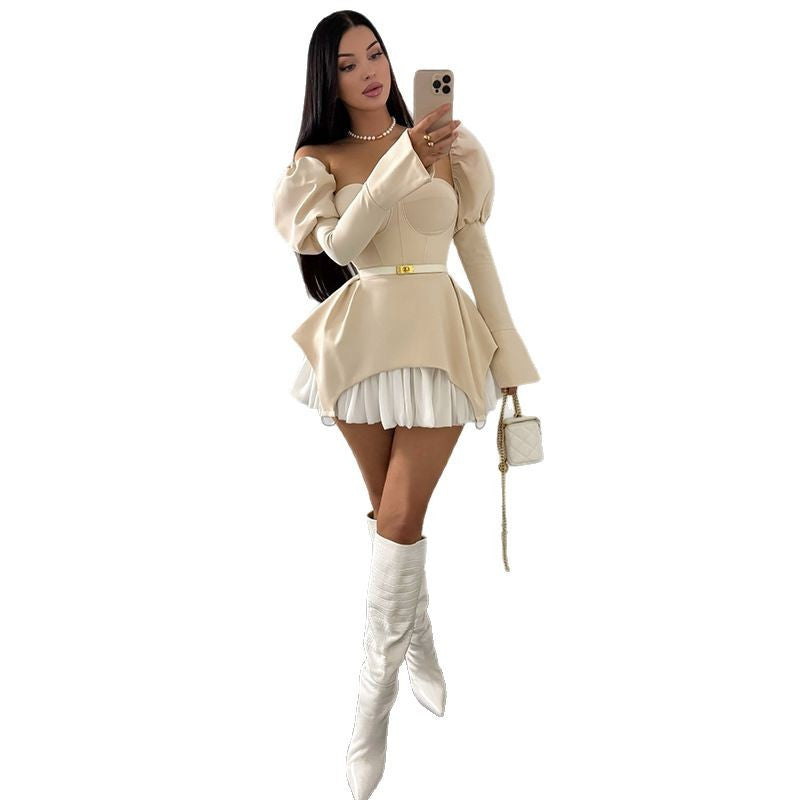 Wrapped Chest Stitching Irregular Puff Sleeve Dress Skirt