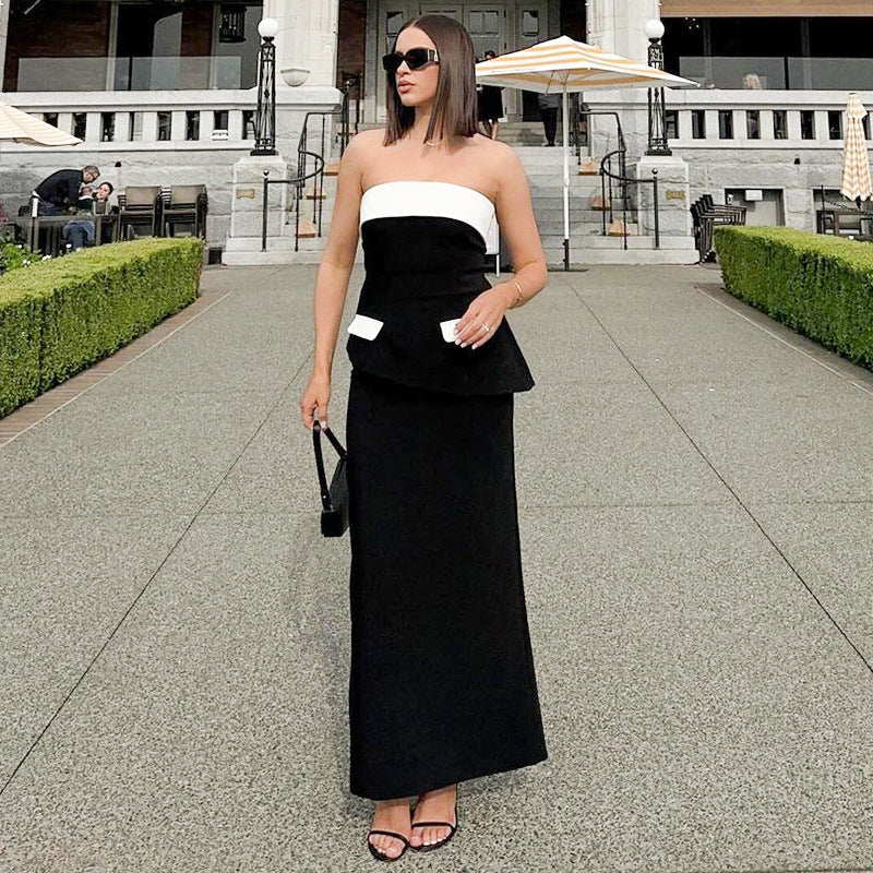 Tube Top Contrast Color Pocket Slim Off-shoulder Knitted Dress Suit