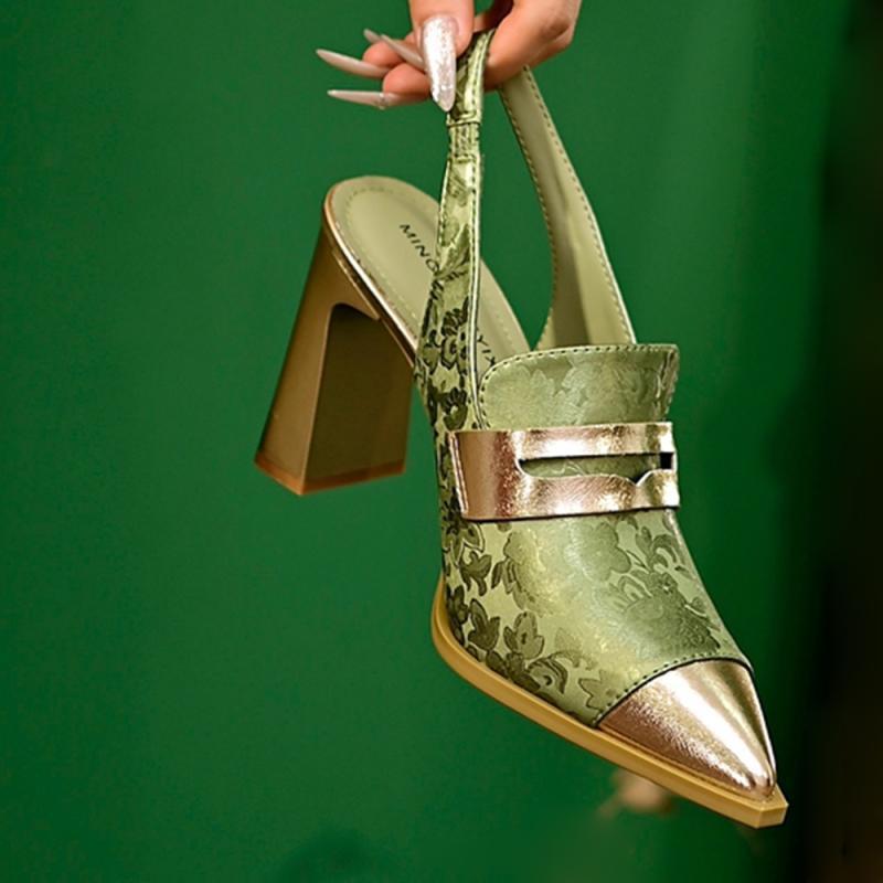 Sandales à talons hauts imprimés, talons épais, bout pointu, coupe haute, brides assorties