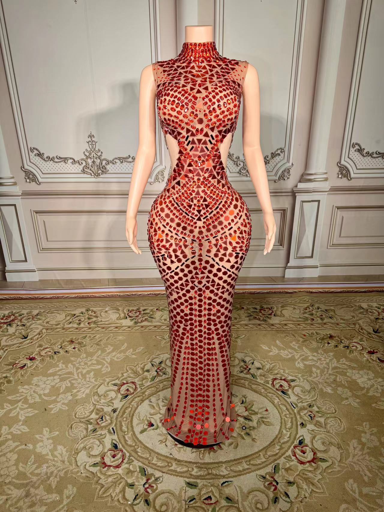 Luxury Mirror Sequins Sheath Halter Trailing Dress