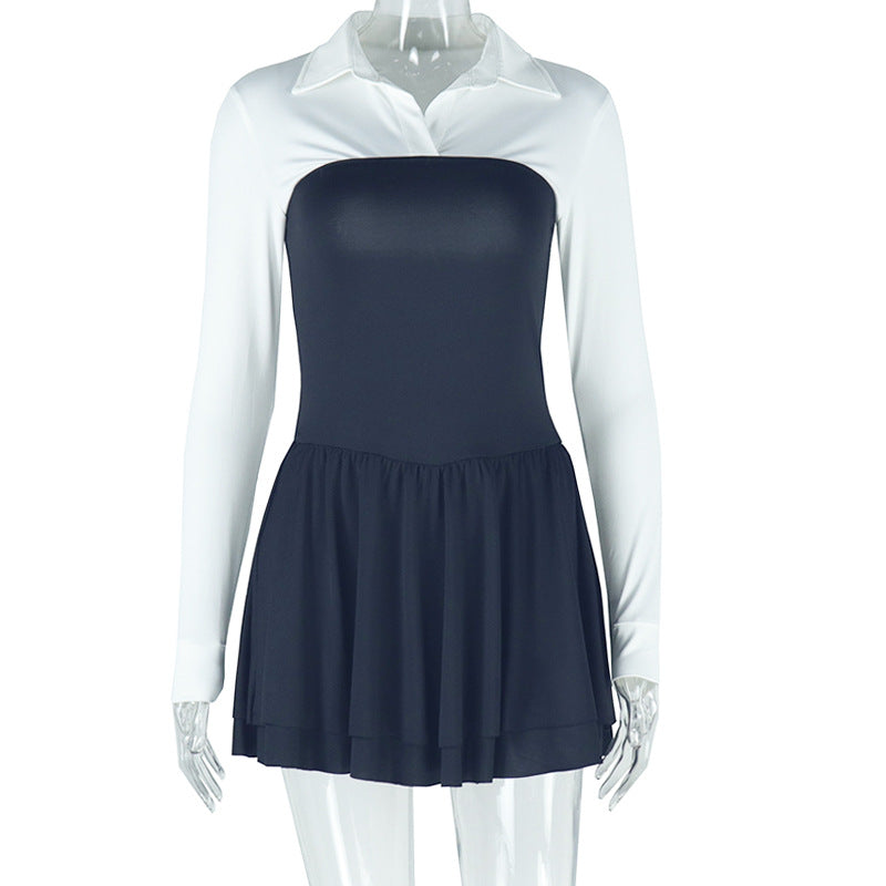 Robe deux pièces à revers et cardigan de couleur contrastée