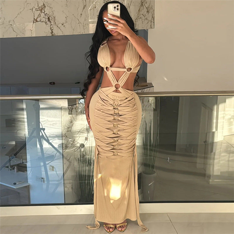 European And American Sexy Hot Girl Hollow-out Ripped Lace-up High Waist Figure Flattering Sheath Dress