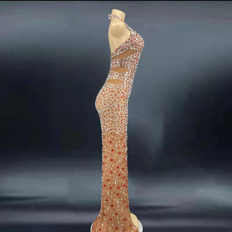 Elegante abito da ballo con strass glitterati e schiena scoperta