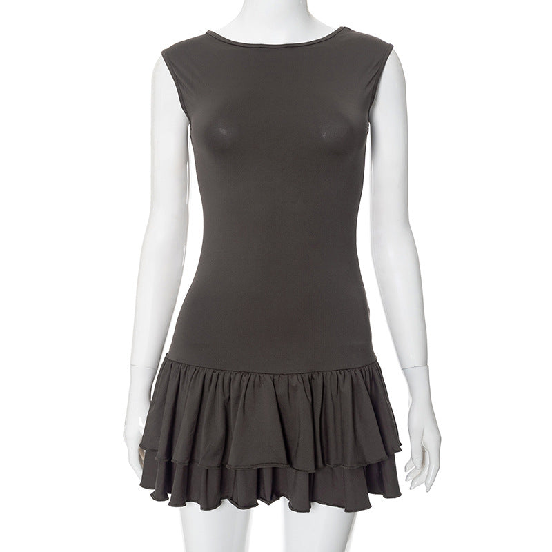 Robe courte sexy en dentelle à col rond et sans manches pour femme, couleur contrastée