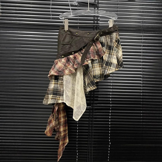 Stitching Tassel Plaid Skirt - Irregular Skirt