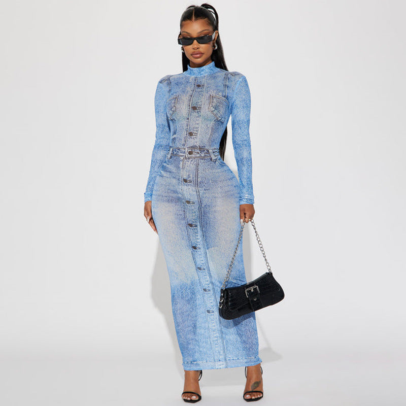 Abito stampato a maniche lunghe con vita media