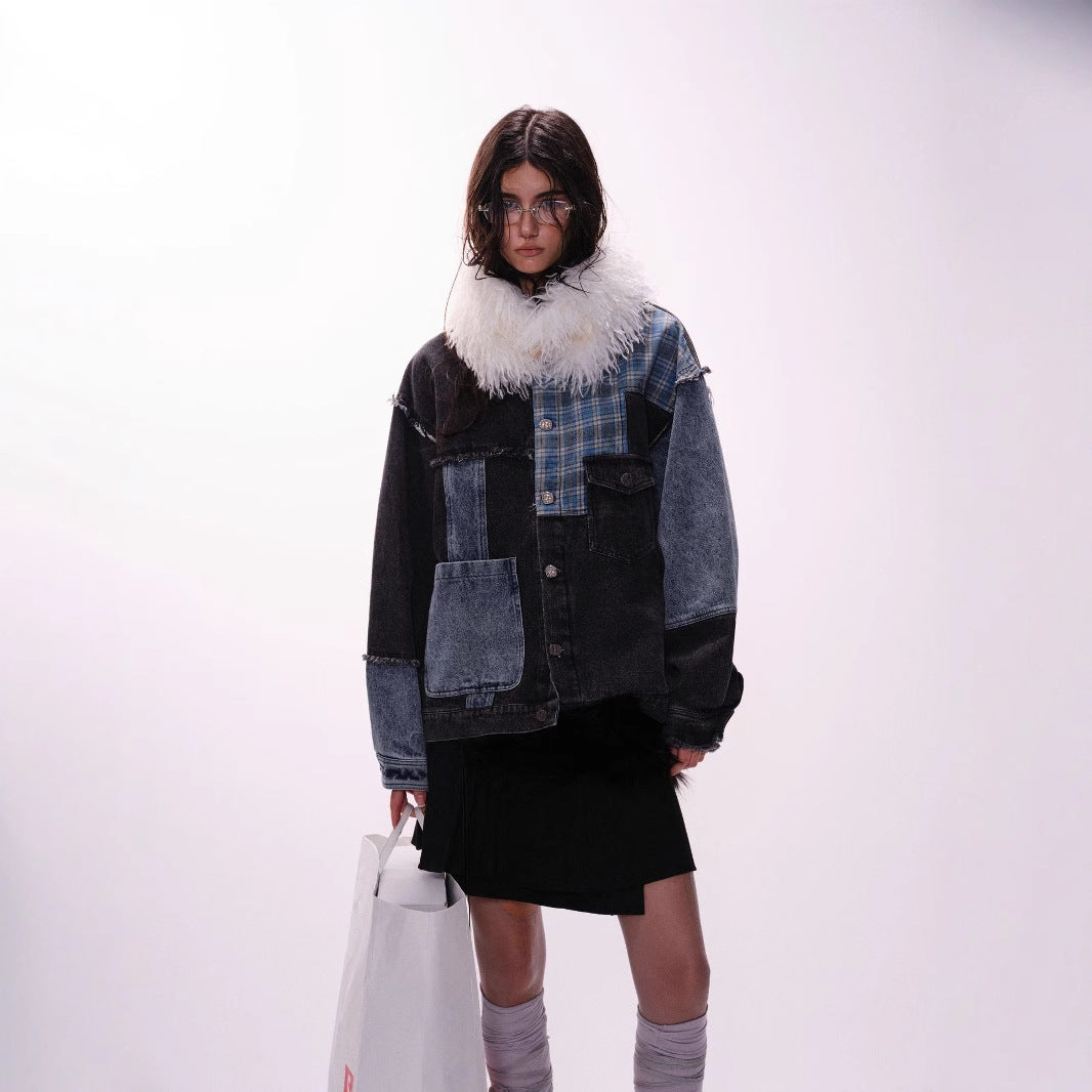 Veste en jean irrégulière à carreaux rétro