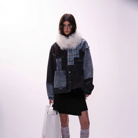 Veste en jean irrégulière à carreaux rétro