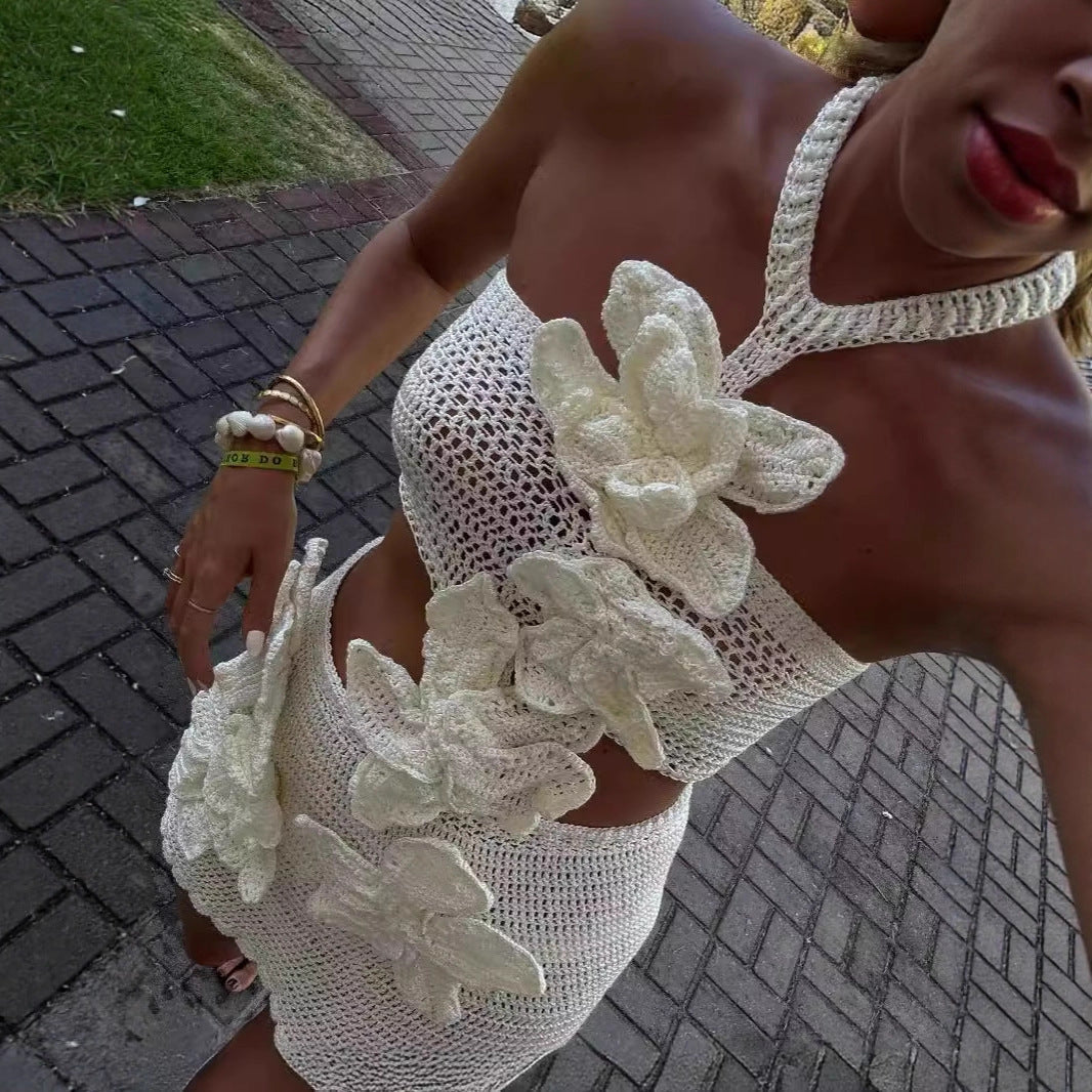 Fashion Halter Flower Cutout Beach Vacation Style Dress