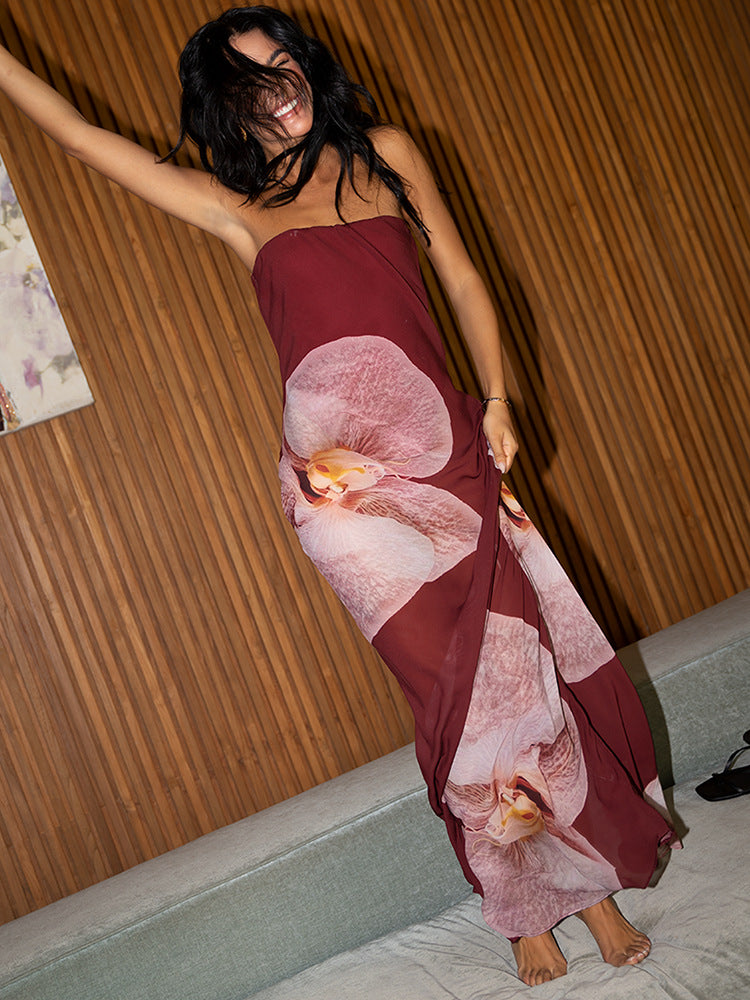 Robe longue tube en mousseline fleurie