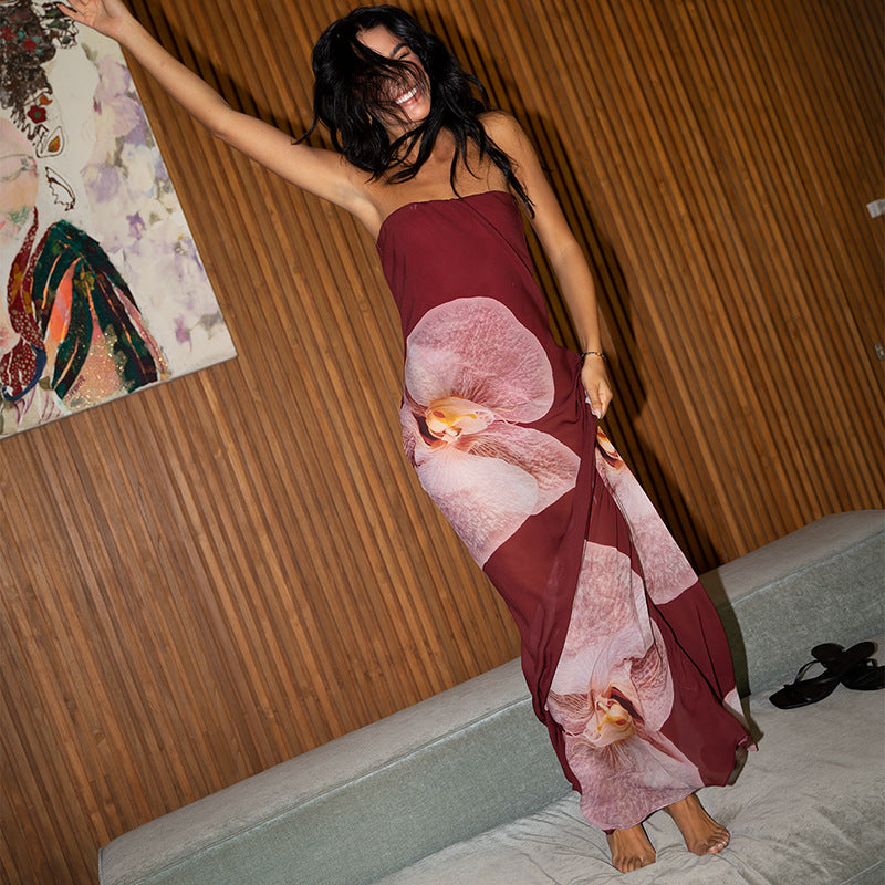 Robe longue tube en mousseline fleurie